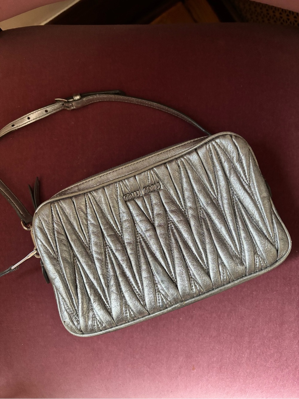 Miu Miu Silver Matelassé Quilted Crossbody Bag